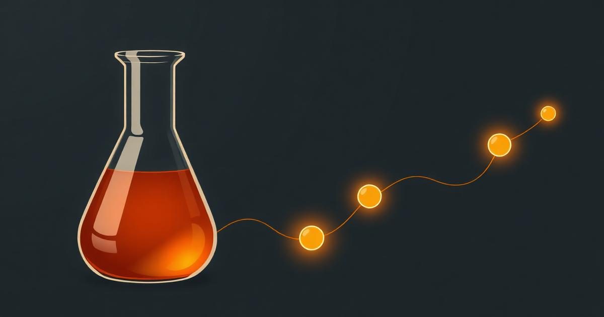 Illustration of a laboratory flask beside a winding leafy line representing the gut-to-brain research pathway
