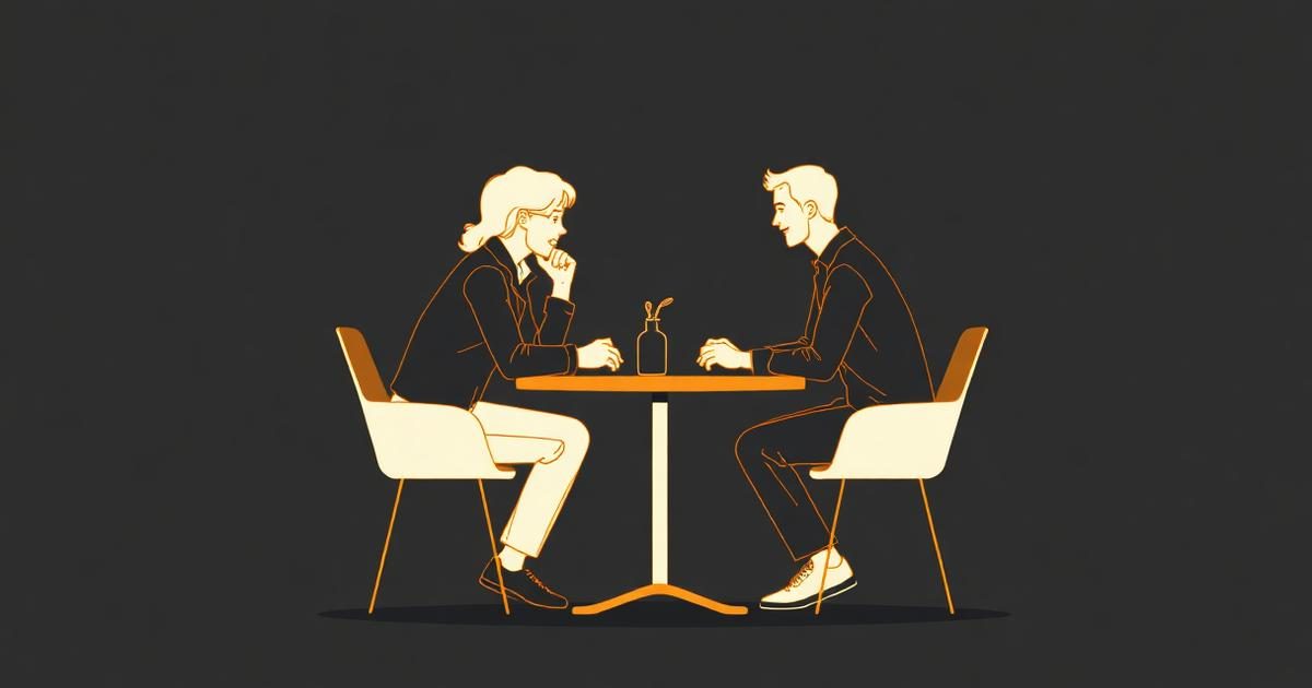 Illustration of two people sitting across a small table, leaning in and talking with open body language