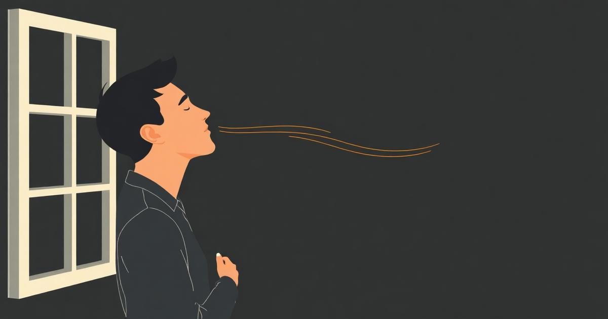 Illustration of a person breathing slowly by an open window as swirling worry lines settle into calm waves