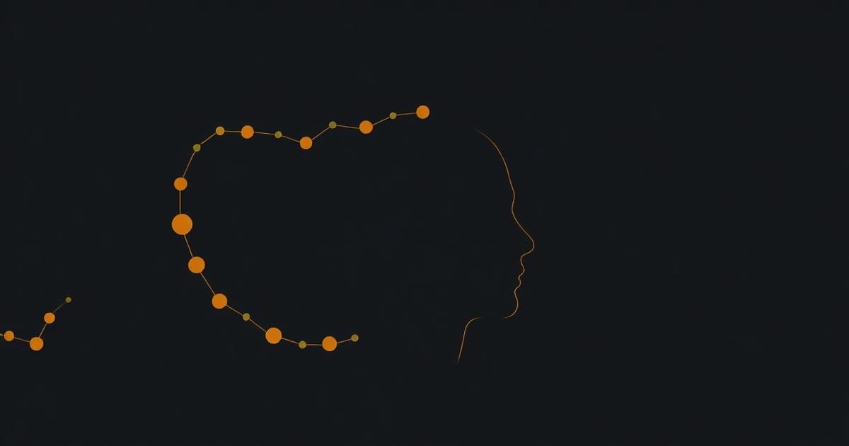 Illustration of a chain of amino-acid beads curving toward a calm human head silhouette among soft green leaves