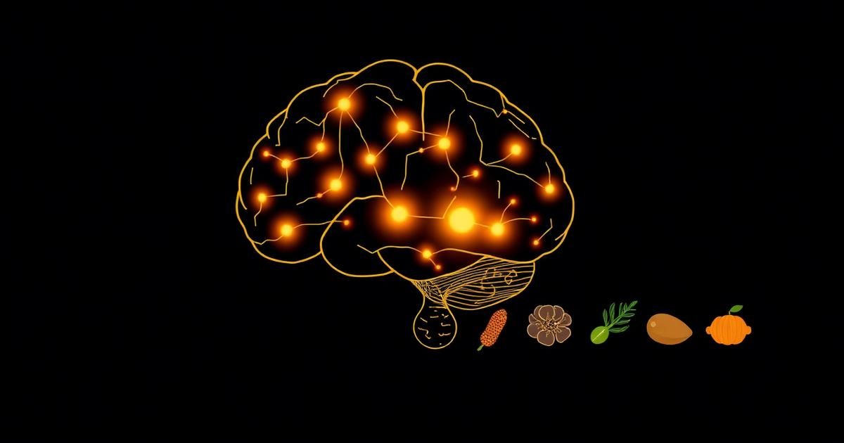 Illustration of a brain outline with glowing mitochondria shapes and a row of protein-rich foods below