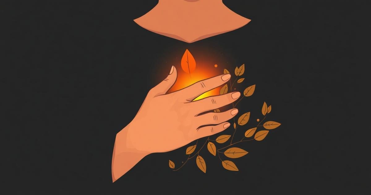 Illustration of a person holding a hand over their heart, wrapped in a soft blanket of leaves and warm light