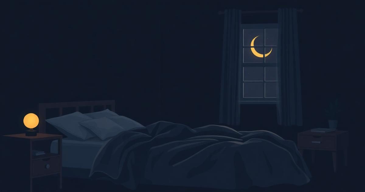 Illustration of a dim bedroom at night with a made bed, a warm lamp and a crescent moon outside the window