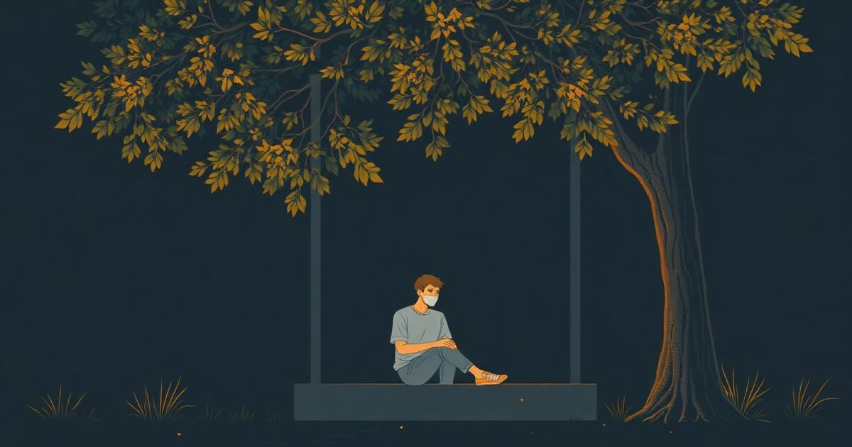 Illustration of an adult sitting beside a teenager on a doorstep, listening quietly under a leafy tree