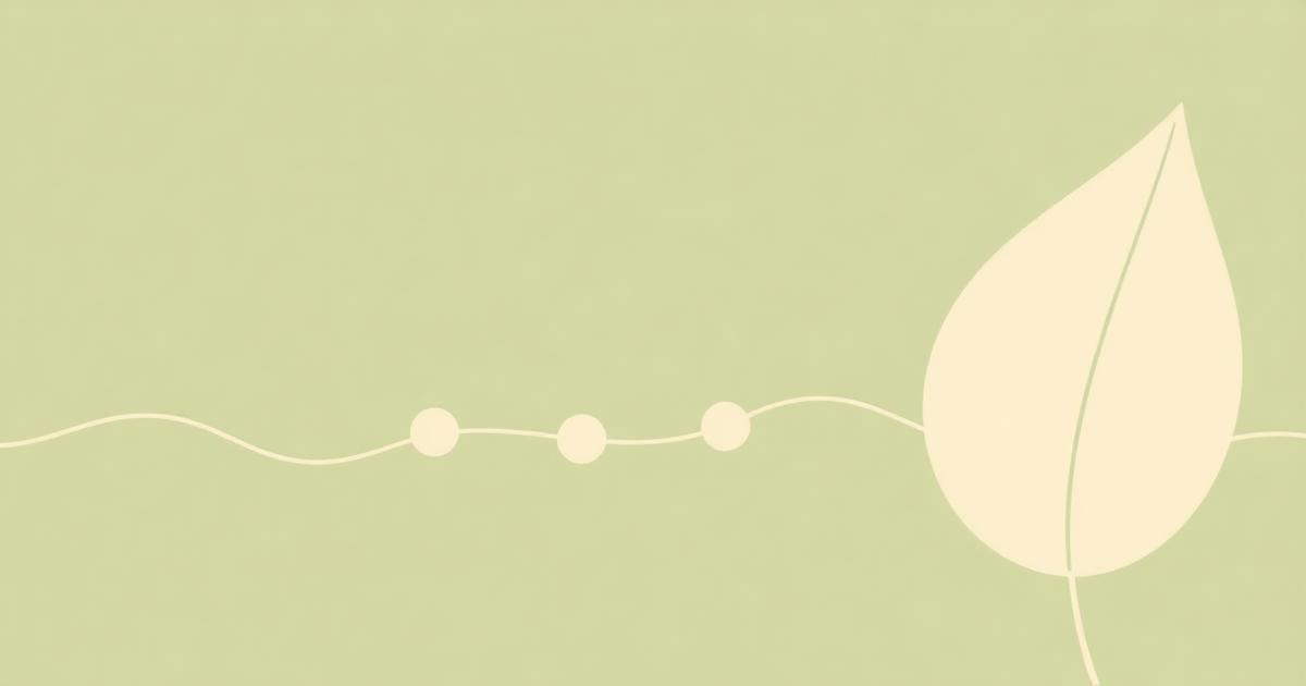 Sage and cream illustration of a peptide chain of rounded beads winding towards a soft leaf