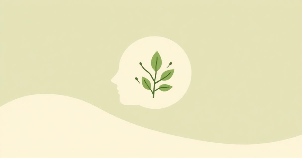 Sage and cream illustration of a side-profile head with a leaf-and-neuron pattern inside