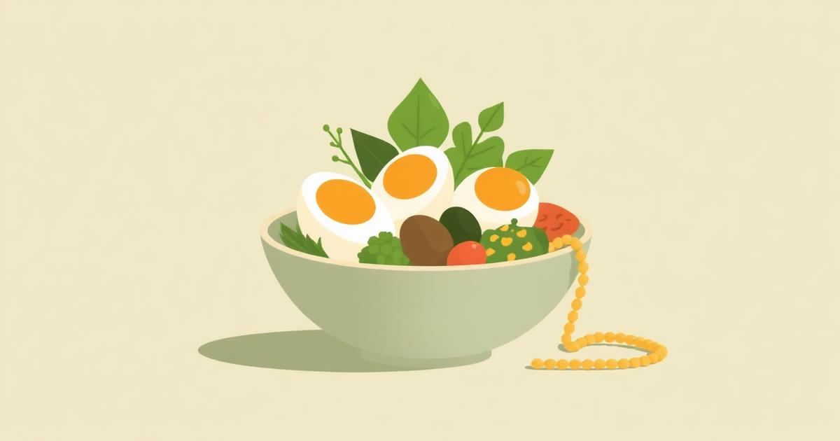 Illustration of a bowl of whole foods, eggs and greens beside a small chain of amino-acid beads