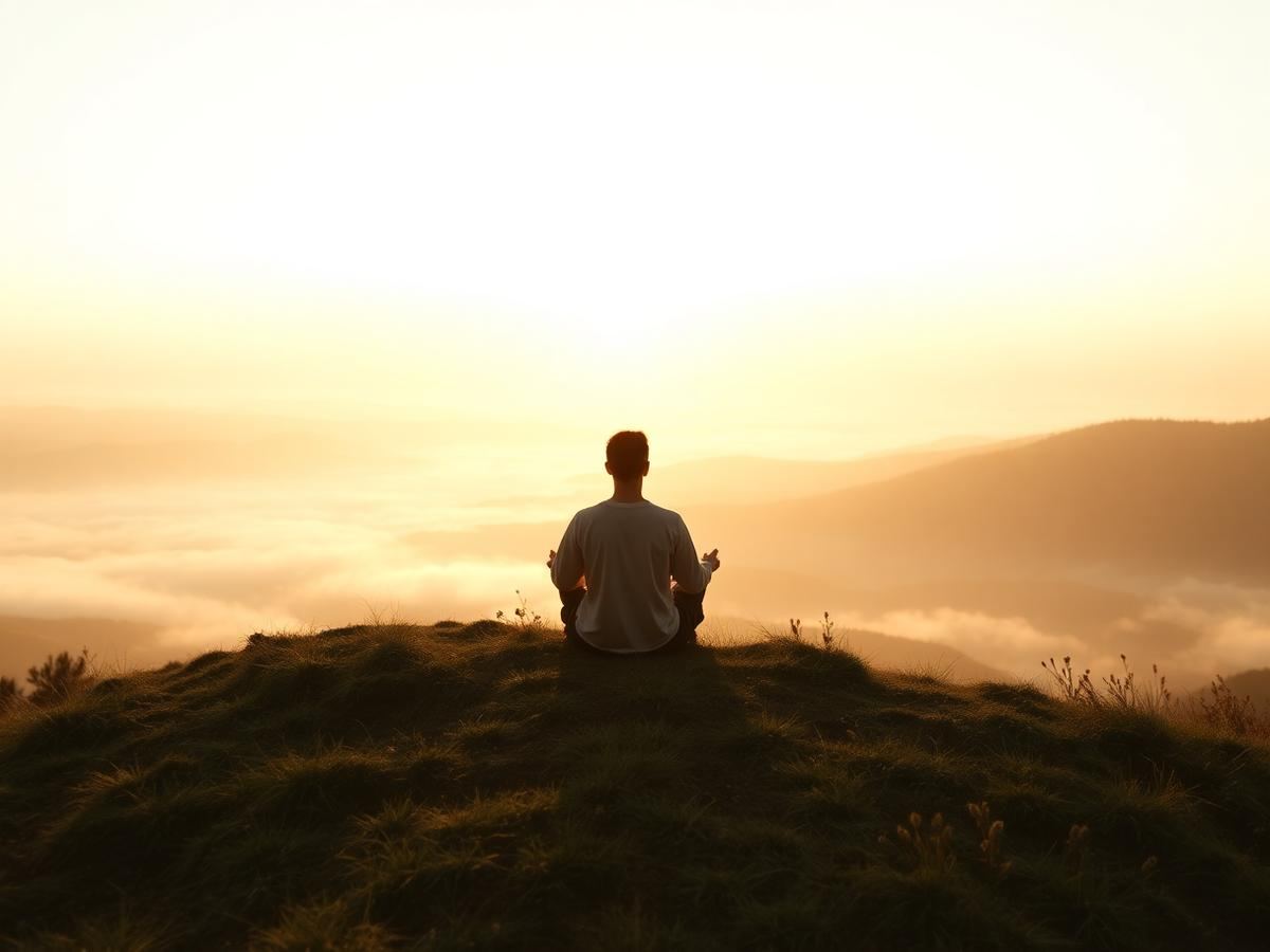 A lone figure seated in meditation on a hillside at sunrise above a misty valley