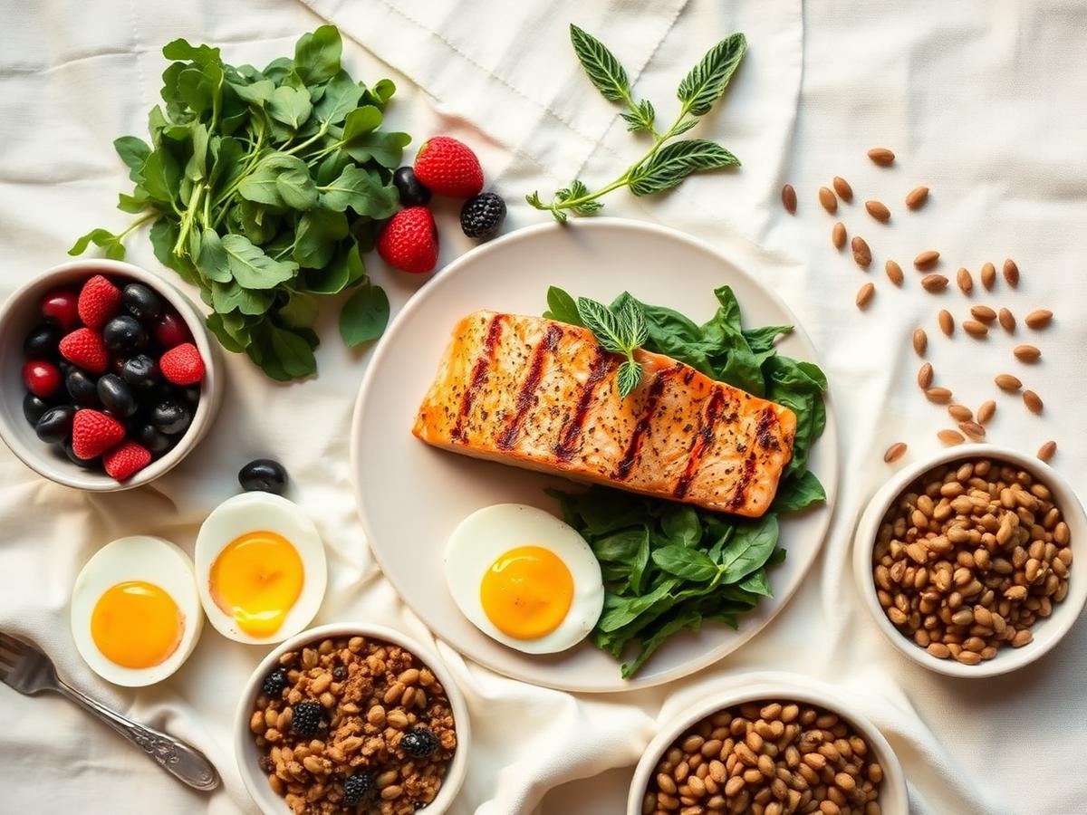 Overhead view of salmon, eggs, leafy greens, berries and lentils arranged on cream linen with a sprig of sage