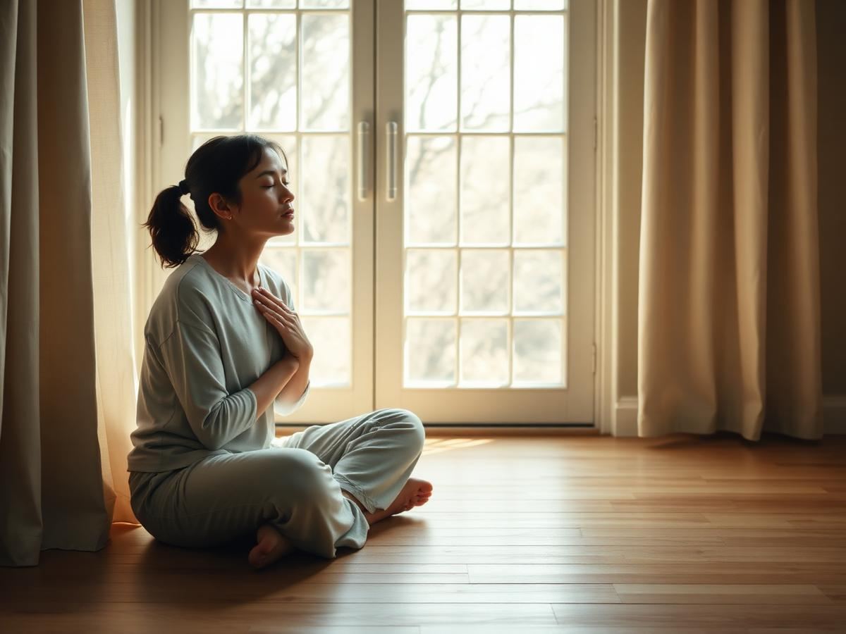 A person sitting on a wooden floor by a bright window with a hand on their chest, breathing slowly in soft morning light